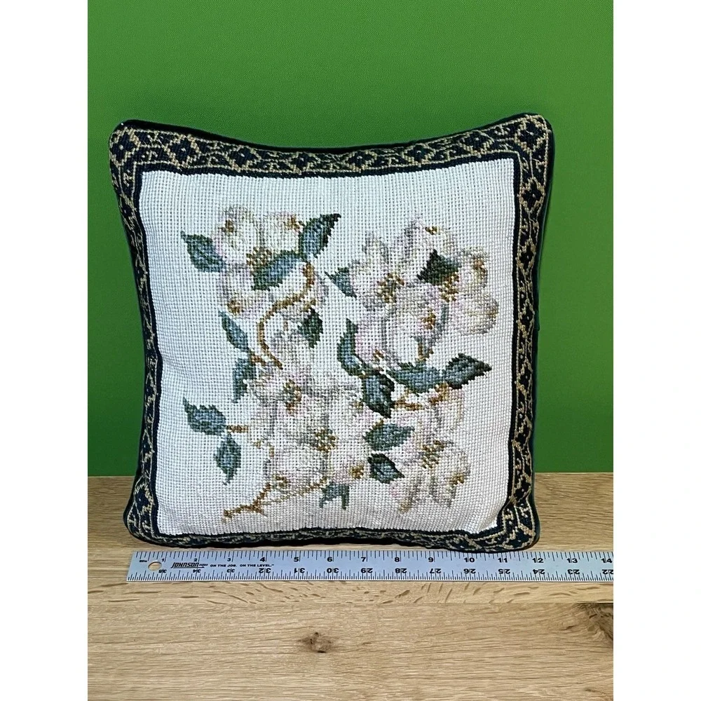 Needlepoint Magnolia & Dogwood Floral Pillow Green Velvet Backing-Set 2 Vintage